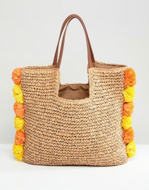 Соломенная пляжная сумка с помпонами Chateau. Цвет: бежевый
