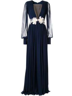 Длинное платье с глубоким вырезом и вышивкой Rhea Costa. Цвет: синий