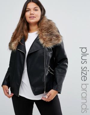 Куртка в кожаном стиле с искусственным мехом на воротнике New Look Plu Plus. Цвет: черный