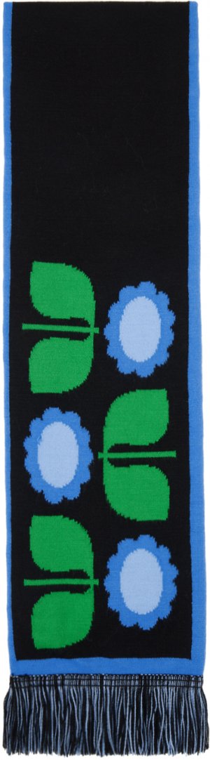 Двусторонний черно-синий шарф с ромашками Anna Sui