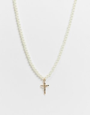 Жемчужное ожерелье с золотистой подвеской в виде креста -Золотистый Chained & Able