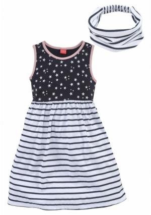 Комплект, 2 части: платье + лента для волос KIDOKI. Цвет: темно-синий/белый