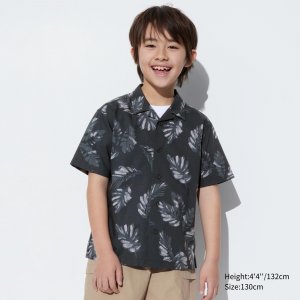 Рубашка UNIQLO Kids из модального хлопка с открытым воротником и короткими рукавами, черный