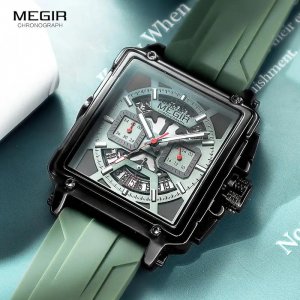 Спортивные кварцевые часы MEGIR с квадратным циферблатом для мужчин, модные водонепроницаемые светящиеся наручные хронографом и датой, синий силиконовый ремешок, идеальный выбор подарков