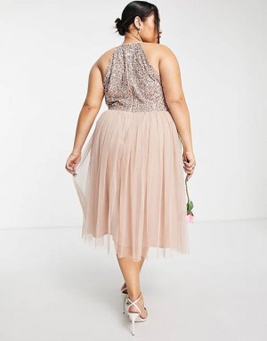 Приглушенно-розовое платье миди из тюля с пайетками и Plus Bridesmaid Maya