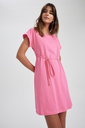 Мини-платье А-силуэта с круглым вырезом и короткими рукавами из 100% хлопка , розовый DeFacto