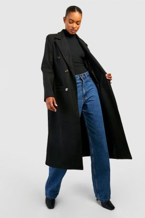 Высокое простое двубортное шерстяное пальто boohoo, черный Boohoo