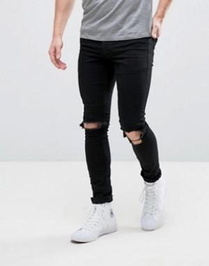 Черные джинсы скинни с рваными коленями Hoxton Denim. Цвет: черный