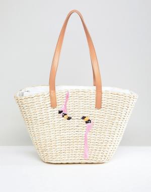 Соломенная пляжная сумка с вышивкой фламинго Chateau. Цвет: бежевый