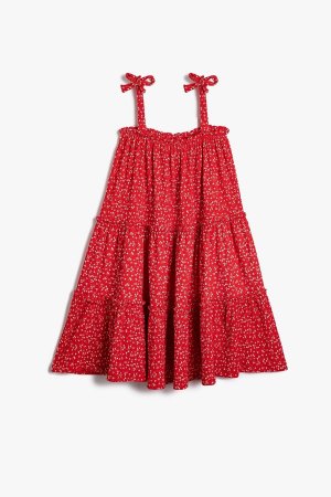 Многослойное платье с рюшами и цветочным принтом для девочек , красный Koton