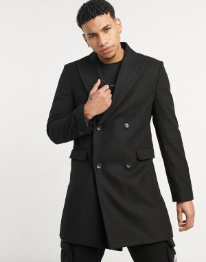 Черное двубортное пальто Moss London-Черный цвет BROS