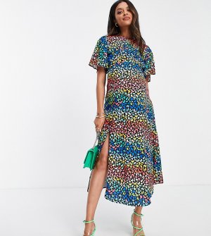 Эксклюзивное платье миди с расклешенными рукавами и разноцветным леопардовым принтом -Разноцветный Queen Bee