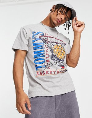 Серая меланжевая хлопковая футболка свободного кроя с баскетбольным винтажным принтом Tommy Jeans - GREY by Hilfiger