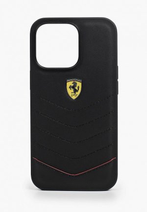 Чехол для iPhone Ferrari 13 Pro, Genuine leather Quilted with metal logo Hard Black. Цвет: черный