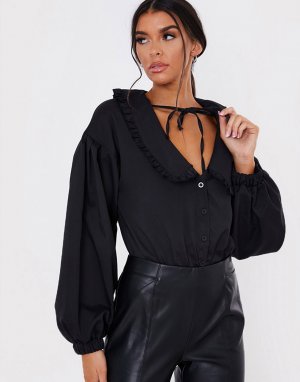 Боди черного цвета с объемными рукавами и большим декоративным воротником x Lorna Luxe-Черный цвет In The Style
