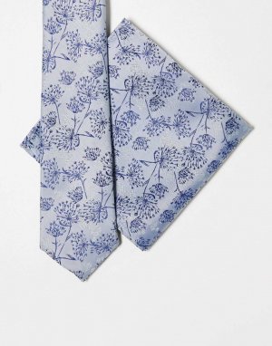 Узкий галстук и нагрудный платок ASOS DESIGN серебристого темно-синего цвета с цветочным принтом