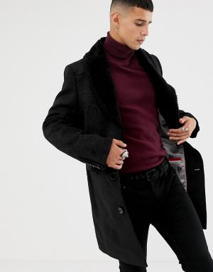 Жаккардовое пальто с нитью люрекс и воротником из искусственного меха Twisted Tailor. Цвет: черный