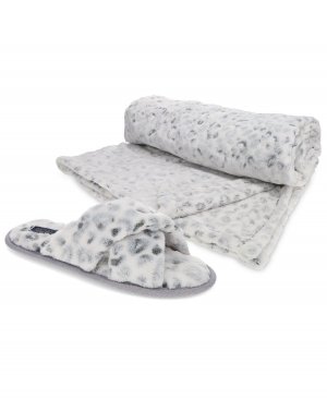 Женский подарочный набор из плюшевых тапочек с ремешком X и комплекта одеял в виде гепарда RACHEL Roy