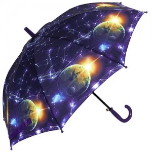 Зонт трость детский для мальчиков и девочек Космос; со свистком; полуавтоматический зонт-трость; малышей; Планета 3 Baziator. Цвет: фиолетовый/синий