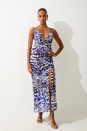 Пляжное платье макси с абстрактным принтом и украшением , синий Karen Millen