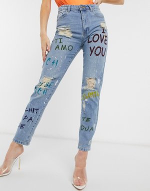 Рваные прямые джинсы с принтом граффити -Синий Femme Luxe