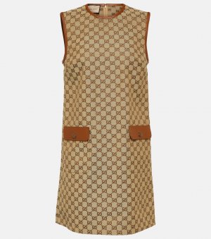 Мини-платье из парусины с узором gg и кожаной отделкой , коричневый Gucci