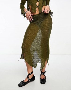 Юбка Open Stitch Knitted Midi With Asymetric Hem, хаки Collusion