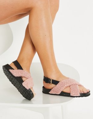 Розовые сандалии из плюшевого искусственного меха на плоской подошве -Розовый цвет Kaltur