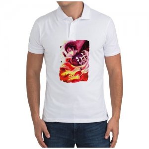 Рубашка- поло Аниме Клинок рассекающий демонов Натсуки Natsuki (мальчик в полуобороте с символом на лице) CoolPodarok. Цвет: белый