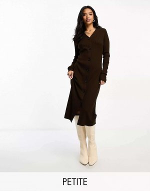 Платье миди в рубчик на пуговицах с потертостями Petite Jasmine шоколадно-коричневого цвета Threadbare