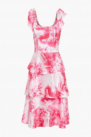 Ярусное атласное платье с бантом и принтом MARCHESA NOTTE, розовый Notte