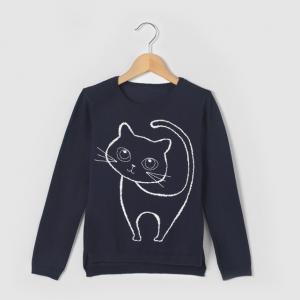 Пуловер с круглым вырезом и вышивкой кот, для 3-12 лет R essentiel. Цвет: синий морской