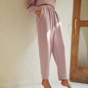 Зауженные брюки для сна из модала SHEIN. Цвет: пыльный розовый