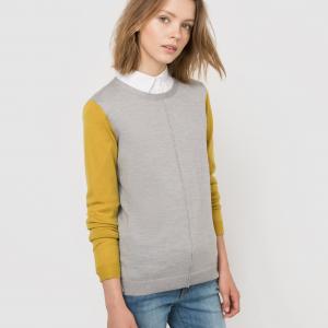 Пуловер двухцветный из 100% шерсти мериноса R essentiel. Цвет: оливковый/черный,серый меланж/оливковый
