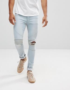 Байкерские джинсы скинни с рваными коленями -Синий Religion
