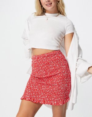 Красно-белая присборенная мини-юбка с мелким цветочным принтом (от комплекта) -Многоцветный Love Triangle
