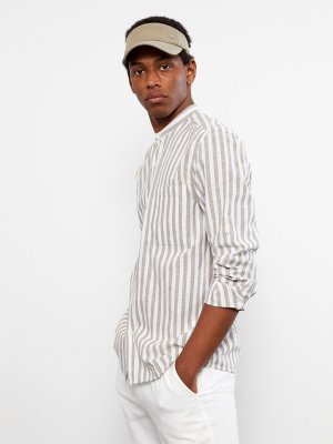 Мужская рубашка из поплина с длинным рукавом и воротником обычного кроя , хаки полосатый LCW Casual