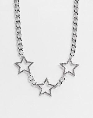Массивное серебристое ожерелье-цепочка с эффектной отделкой звездочками -Серебряный Topshop