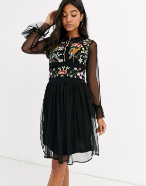 Платье с длинными рукавами и вышивкой Frock & Frill-Черный цвет and Frill