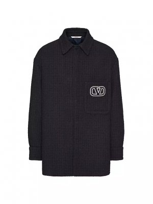 Твидовый пиджак-рубашка из хлопка и вискозы с фирменной нашивкой логотипом , темно-синий Valentino Garavani