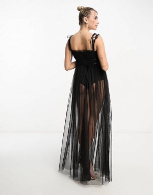 Черное прозрачное платье макси с подкладкой боди Anaya