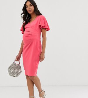 Коралловое трикотажное платье миди с запахом и короткими рукавами -Розовый Blume Maternity