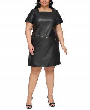 Платье-футляр больших размеров из искусственной кожи с отделкой на молнии , черный Calvin Klein