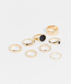 Набор из 8 золотистых колец в виде цепочек и с отделкой черными камнями -Золотистый ASOS DESIGN