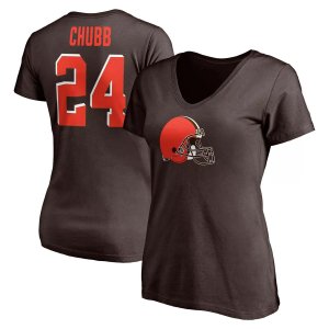 Женская футболка с логотипом Nick Chubb Brown Cleveland Browns, значок игрока, имя и номер, v-образным вырезом Fanatics