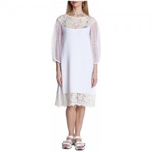 Платье белое с кружевом по горловине и шёлковой сеточкой рукавом, 46-48 Iya Yots. Цвет: белый