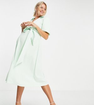 Платье-рубашка миди мятного цвета с запахом и поясом ASOS DESIGN Maternity-Зеленый цвет Maternity