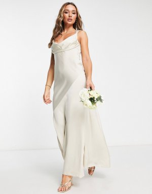 Атласное платье макси цвета шампанского с хомутом и юбкой со вставками ASOS DESIGN Bridesmaid