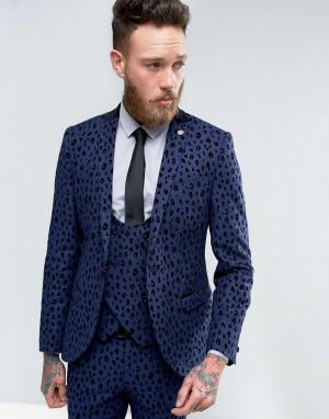Супероблегающий пиджак с леопардовым флоковым узором Noose & Monkey. Цвет: синий