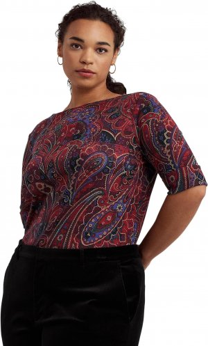 Хлопковая футболка больших размеров в клетку с узором пейсли и вырезом «лодочкой» LAUREN Ralph Lauren, цвет Red/Black/Multi